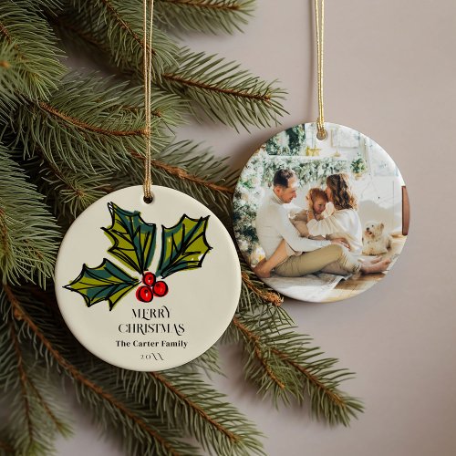 Green and Red Watercolor Holly Berry Family Photo Ceramic Ornament