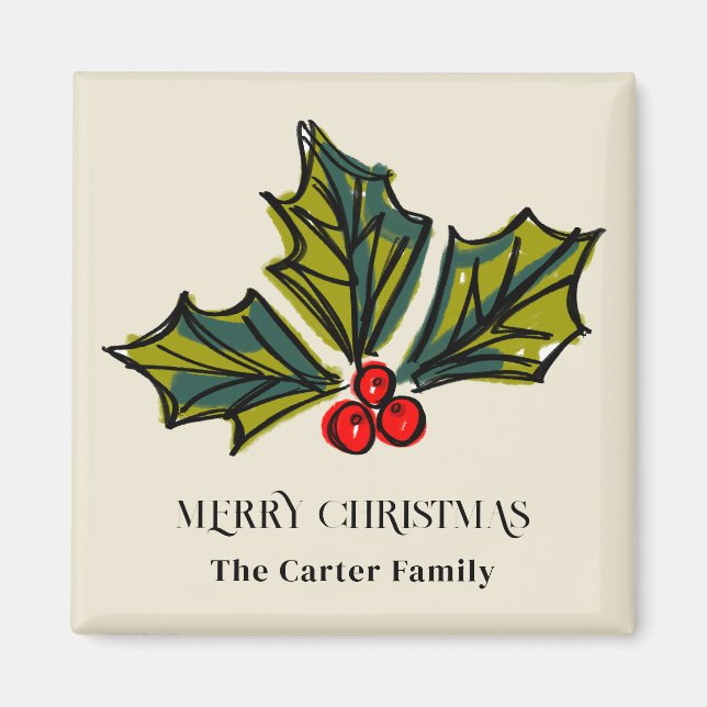 Green and Red Watercolor Holly Berry Magnet (Front)