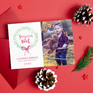 Green and Red Watercolor Wreath Joyeux Noël Photo Holiday Card
