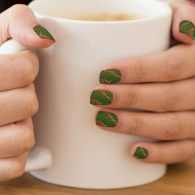 Green and Red with Gold Glitter Swirls Minx Nail Art (Insitu - Mug)