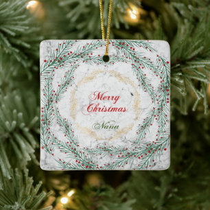 Green and Red Wreath On Marble Nana Ceramic Ornament