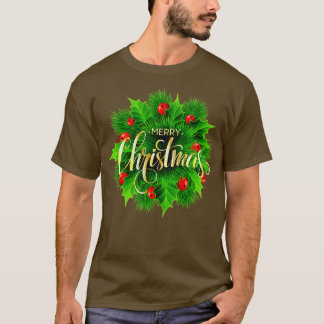 Green And Red Wreath With Merry Christmas Text Ove T-Shirt