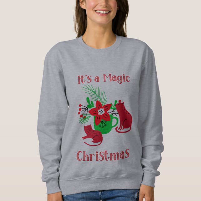 Green and Red X-mas  cup and cats illustration Sweatshirt (Front)