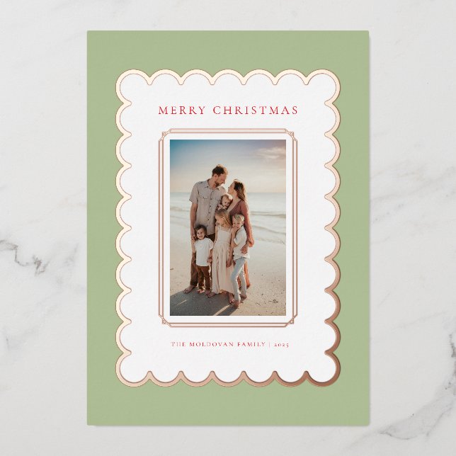 Green and Rose Gold Foil Scallop Christmas Card (Front)