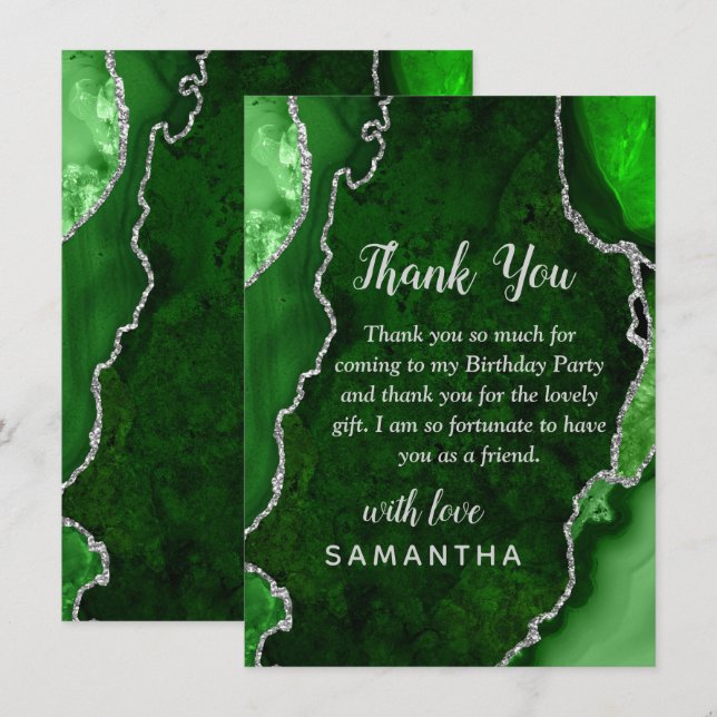 Green and Silver Agate Birthday Party Thank You Card (Front/Back)