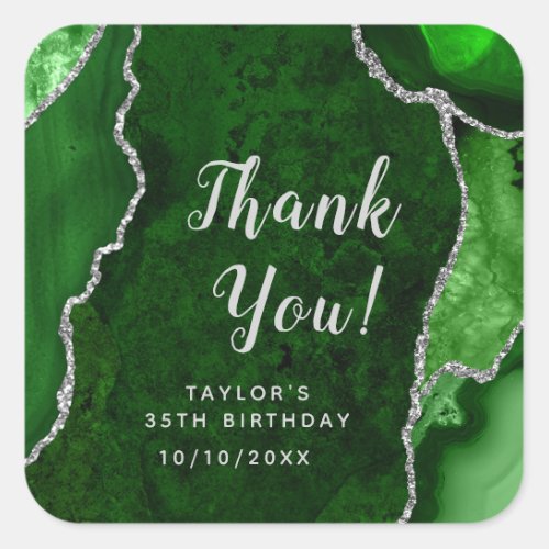 Green and Silver Agate Birthday Thank You Square Sticker