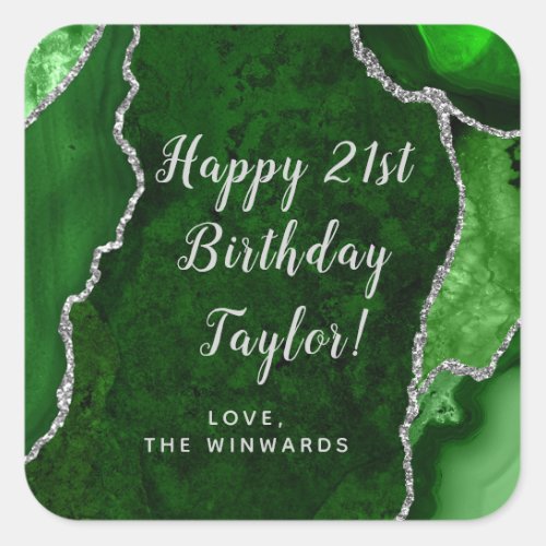 Green and Silver Agate Happy Birthday Square Sticker