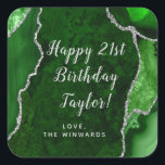 Green and Silver Agate Happy Birthday Square Sticker<br><div class="desc">This elegant and glamorous sticker can be personalized with a name or title such as mom,  daughter,  granddaughter,  niece,  friend etc. The design features a green agate marble background with faux silver glitter accents. The text combines handwritten script and modern sans serif fonts for a classy and sophisticated look.</div>