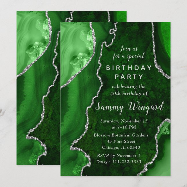 Green and Silver Agate Marble 40th Birthday Party Invitation (Front/Back)