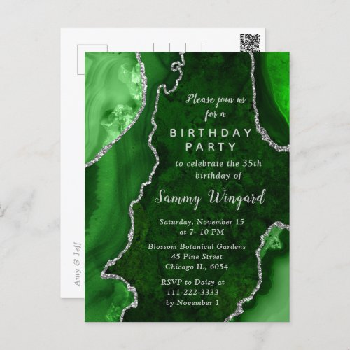Green and Silver Agate Marble Birthday Party Postcard