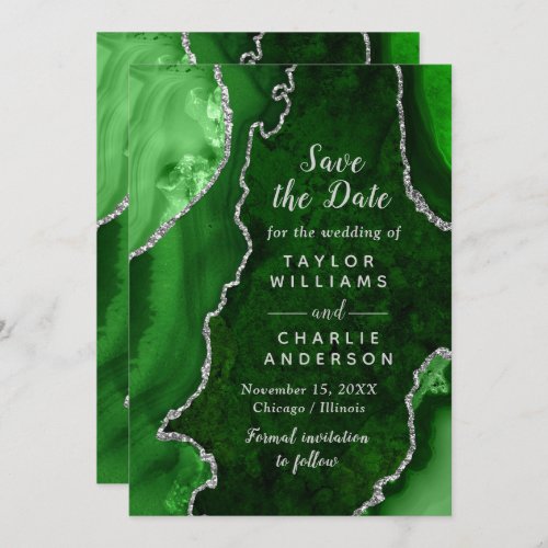 Green and Silver Agate Marble Save The Date Invitation