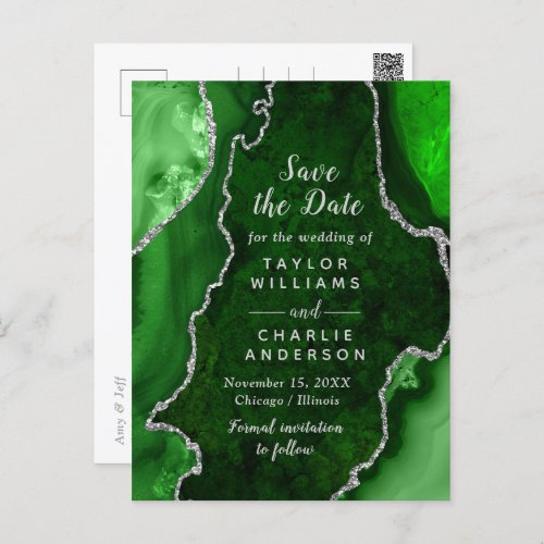 Green and Silver Agate Marble Save The Date Postcard