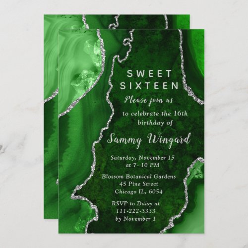 Green and Silver Agate Marble Sweet Sixteen Invitation