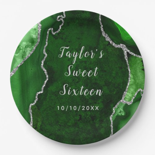 Green and Silver Agate Marble Sweet Sixteen Paper Plates