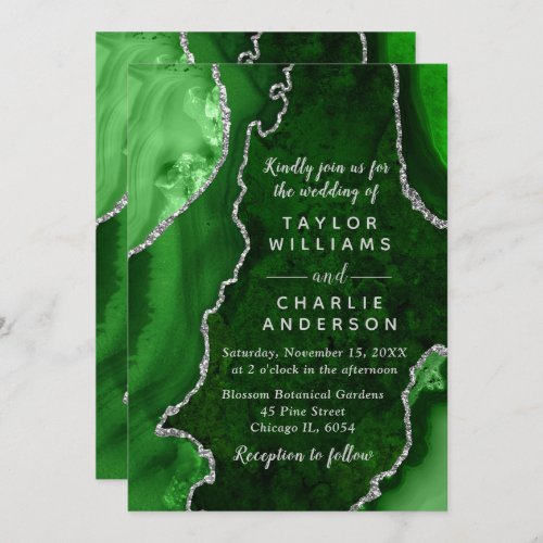 Green and Silver Agate Marble Wedding Invitation