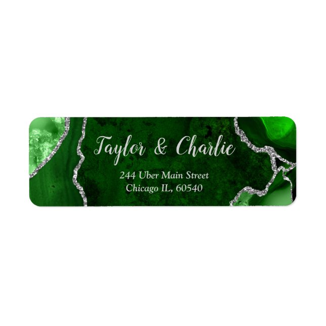 Green and Silver Agate Marble Wedding Label (Front)
