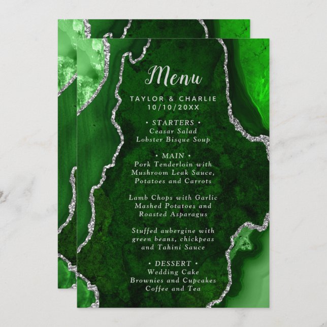 Green and Silver Agate Marble Wedding Menu (Front/Back)