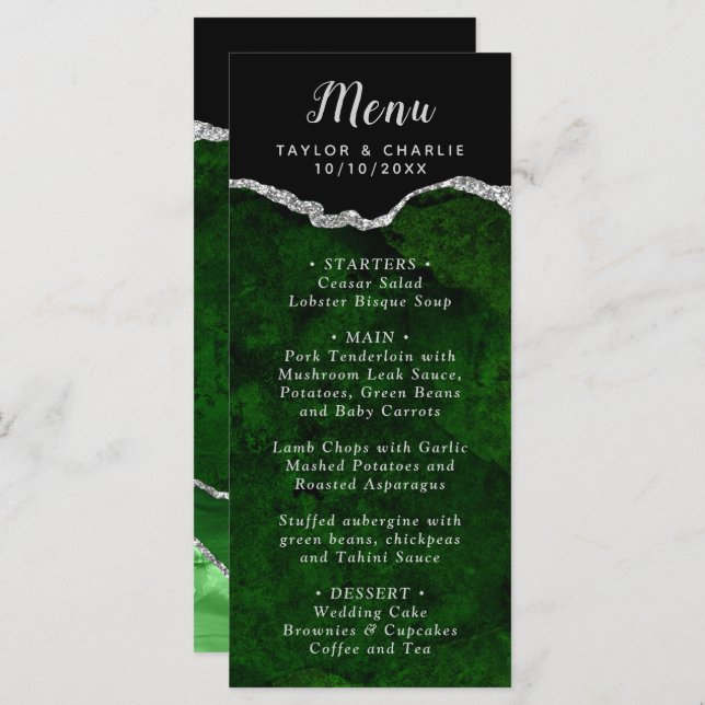Green and Silver Agate Marble Wedding Menu (Front/Back)