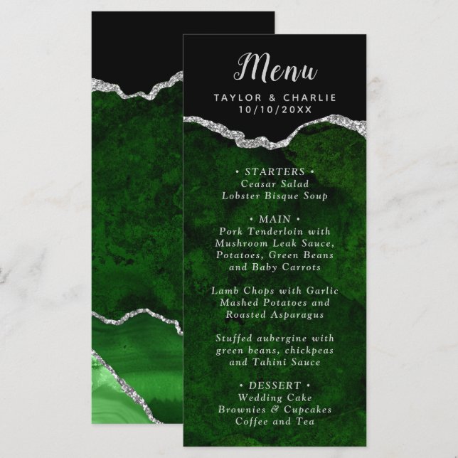 Green and Silver Agate Marble Wedding Menu (Front/Back)
