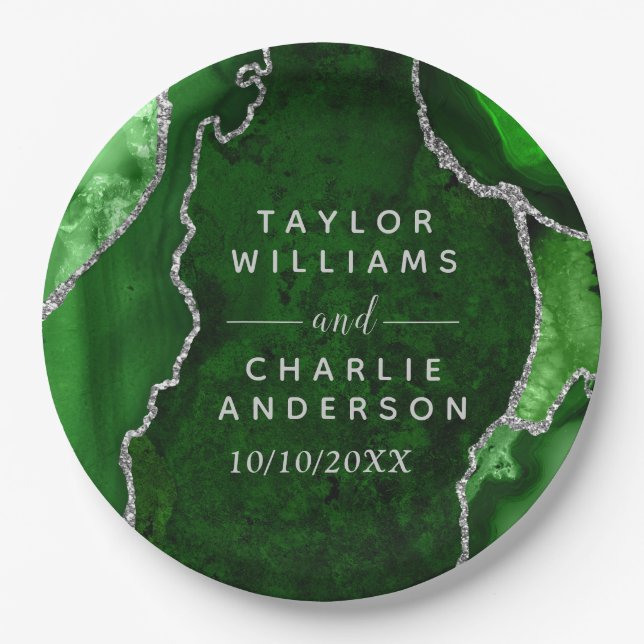 Green and Silver Agate Marble Wedding Paper Plates (Front)