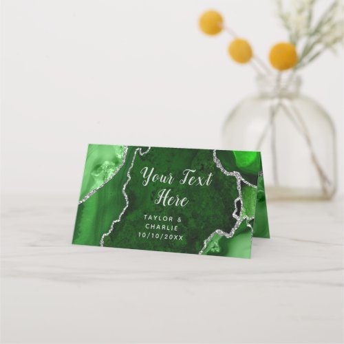 Green and Silver Agate Marble Wedding Place Card