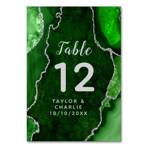 Green and Silver Agate Marble Wedding Table Number