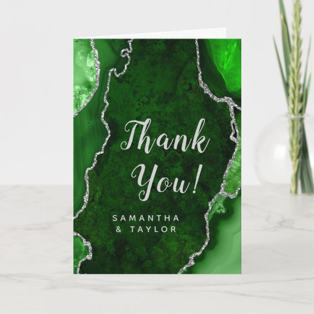 Green and Silver Agate Marble Wedding Thank You Card (Front)