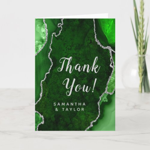Green and Silver Agate Marble Wedding Thank You Card