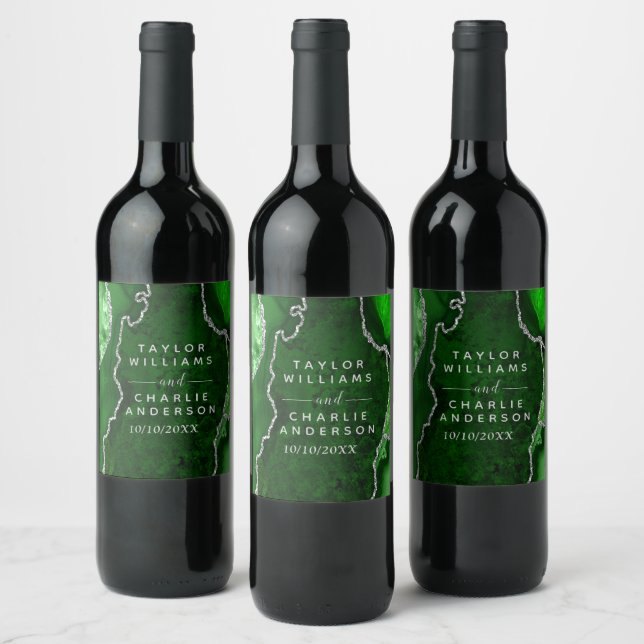 Green and Silver Agate Marble Wedding Wine Label (Bottles)