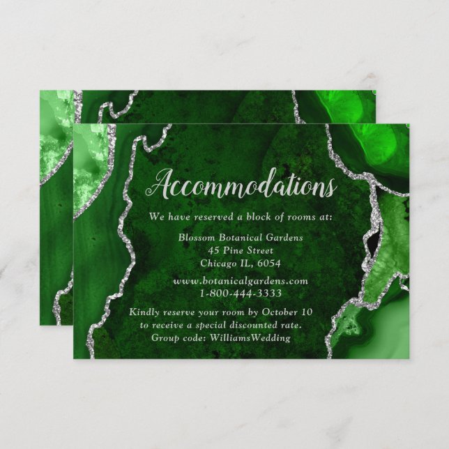 Green and Silver Agate Wedding Accommodations Enclosure Card (Front/Back)