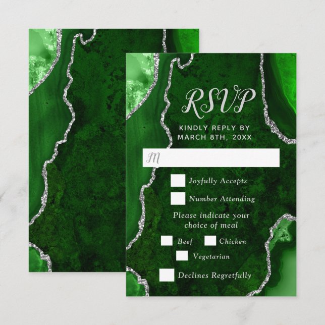 Green and Silver Agate Wedding Meal Choice RSVP Card (Front/Back)