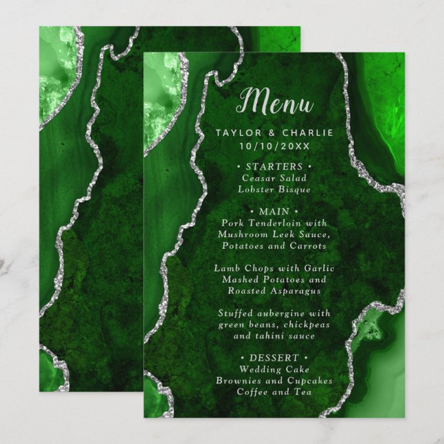 Green and Silver Agate Wedding Menu (Front/Back)