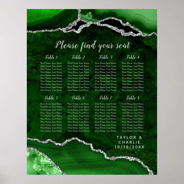 Green and Silver Agate Wedding Seating Chart (Front)