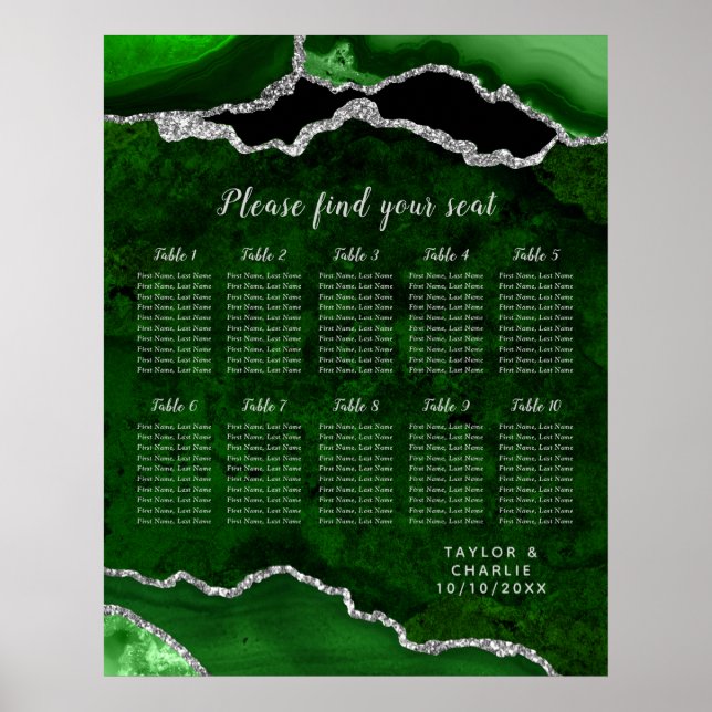 Green and Silver Agate Wedding Seating Chart (Front)