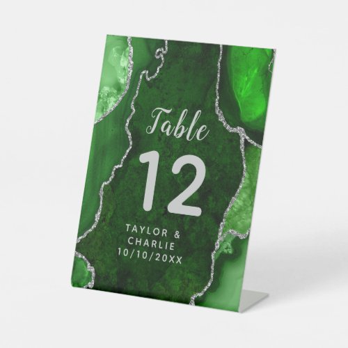 Green and Silver Agate Wedding Table Number Pedestal Sign