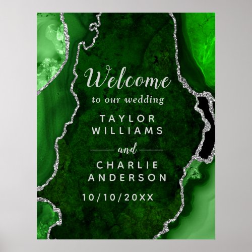 Green and Silver Agate Wedding Welcome Poster