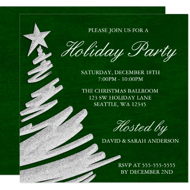 Green And Silver Christmas Tree Holiday Party Invitation