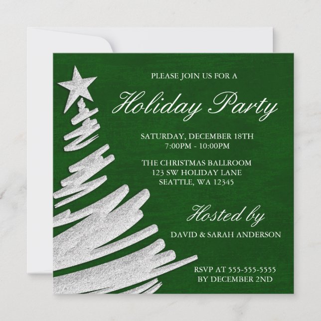 Green and Silver Christmas Tree Holiday Party Invitation (Front)