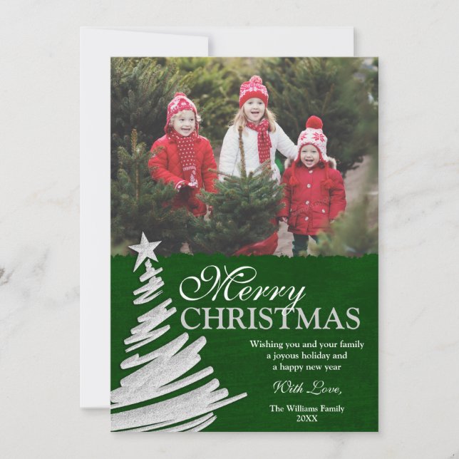 Green and Silver Christmas Tree Holiday Photo Card (Front)