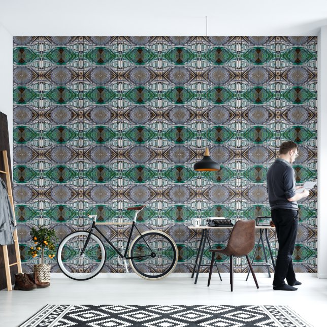 Green and silver eye-like pattern large wallpaper  (Living Room)