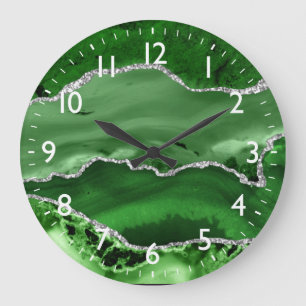 Green and Silver Fake Glitter Marble Agate  Large Clock