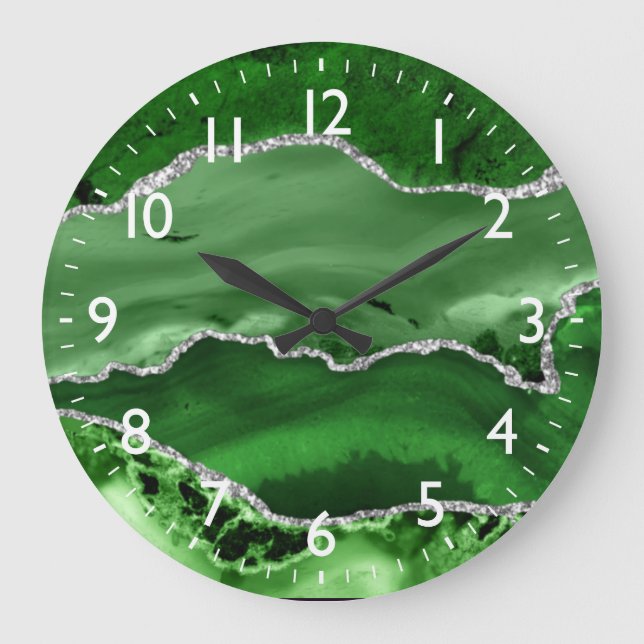 Green and Silver Fake Glitter Marble Agate  Large Clock (Front)