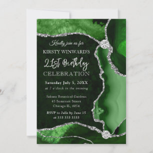 Green and Silver Faux Glitter Agate Birthday Invitation