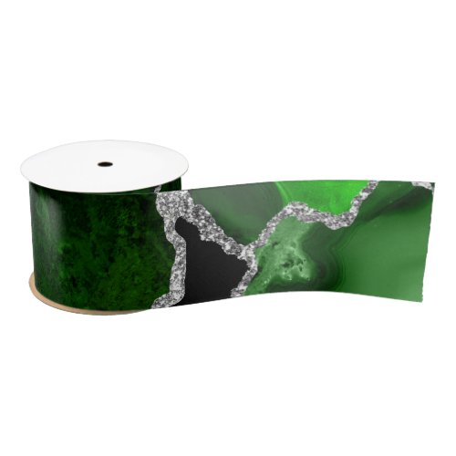 Green and Silver Faux Glitter Agate Satin Ribbon