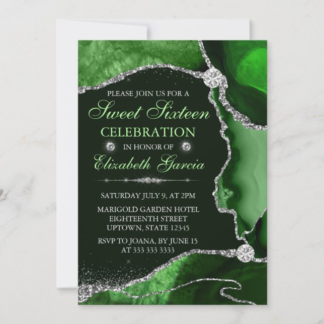 Green and Silver Faux Glitter Agate Sweet Sixteen Invitation (Front)