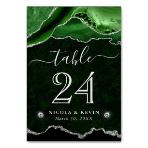 Green and Silver Faux Glitter Agate Wedding Table Number