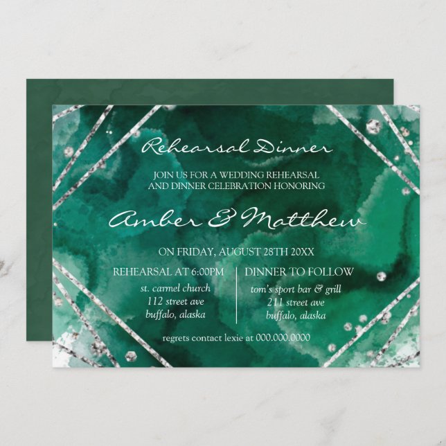 Green and Silver Geometric Rehearsal Dinner Invitation (Front/Back)
