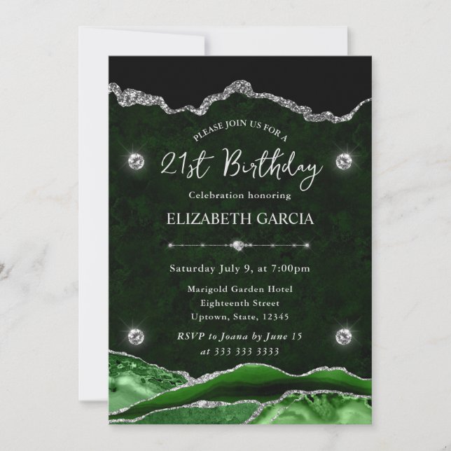 Green and Silver Glitter Agate 21st Birthday Invitation (Front)