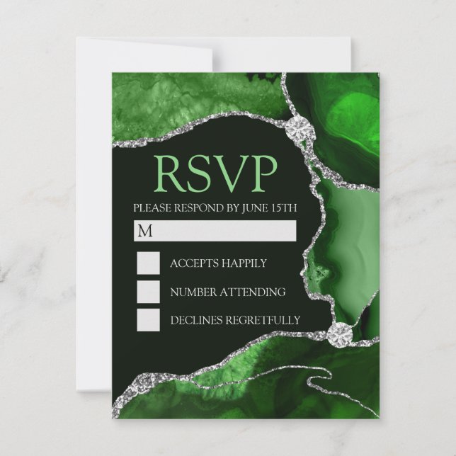 Green and Silver Glitter Agate Birthday Party RSVP Card (Front)