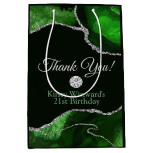 Green and Silver Glitter Agate Birthday Thank You Medium Gift Bag